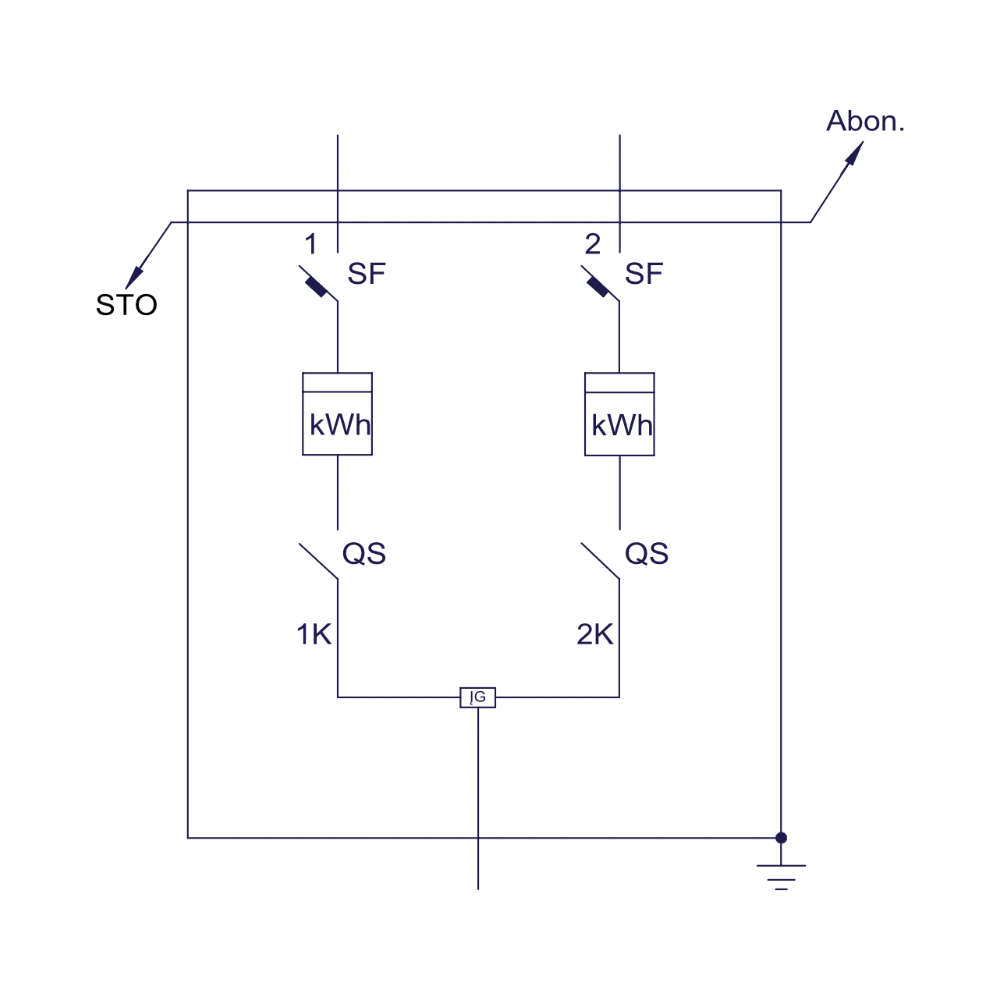 ĮEAS-302 įvadinės apskaitos spintos elektros schema su dviem elektros skaitikliais (kWh), automatiniais jungikliais (SF) ir kirtikliais (QS), skirta dviejų vartotojų prijungimui.