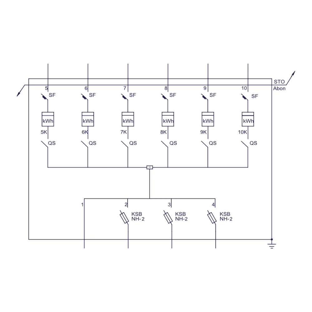 ESS-2-46TA modelio elektros schema su šešiais skaitikliais (kWh), automatiniais jungikliais (SF), kirtikliais (QS) NH-2 saugikliais.