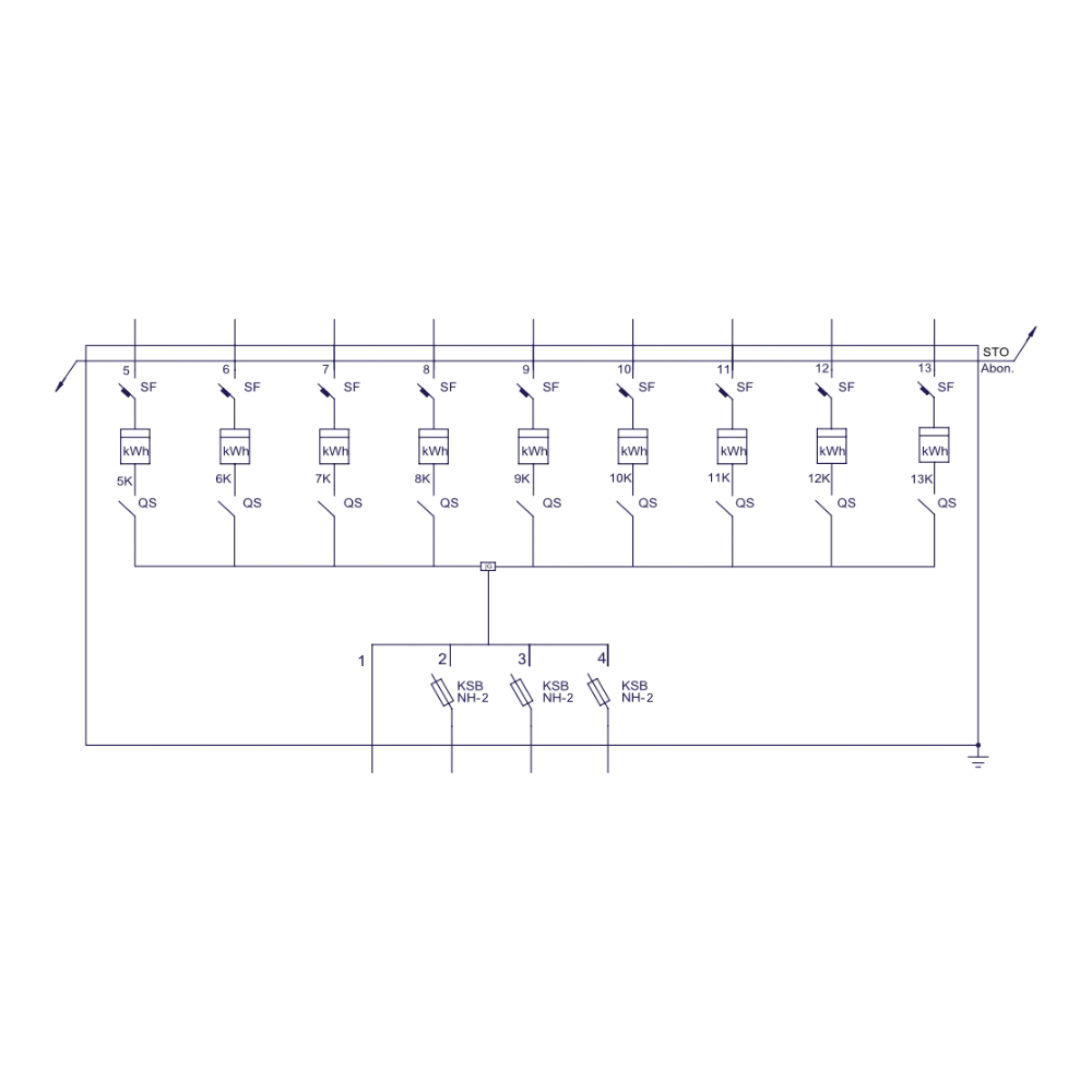 Wiring diagram of the ESS-2-49TA model with nine meters (kWh), circuit breakers (SF), picks (QS) and NH-2 fuses.
