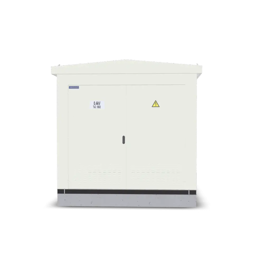 MT-10/0.4-1×1000 modulinė transformatorinė pastotė su 1000 kVA galingumo transformatoriumi, skirta vidutinės įtampos elektros paskirstymui.