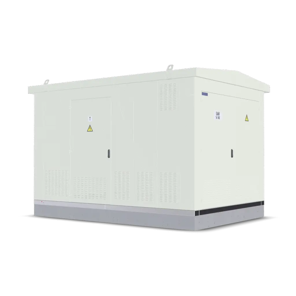 MT-10/0.4-1×1000 modulinė transformatorinė pastotė su 1000 kVA galingumo transformatoriumi, skirta vidutinės įtampos elektros paskirstymui.