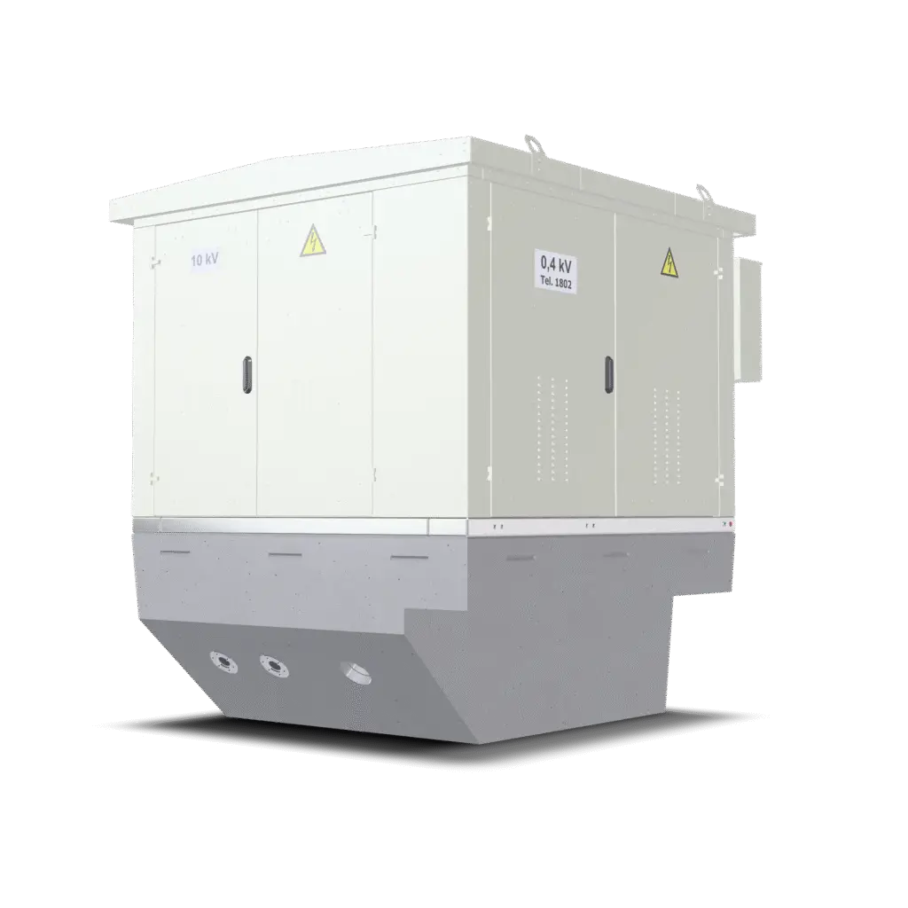 MT(m)-10/0.4-1x160 modulinė transformatorinė su 10 kV ir 0,4 kV žymomis, sumontuota ant įgilinto gelžbetoninio pamato, vaizdas iš priekinio-dešiniojo kampo
