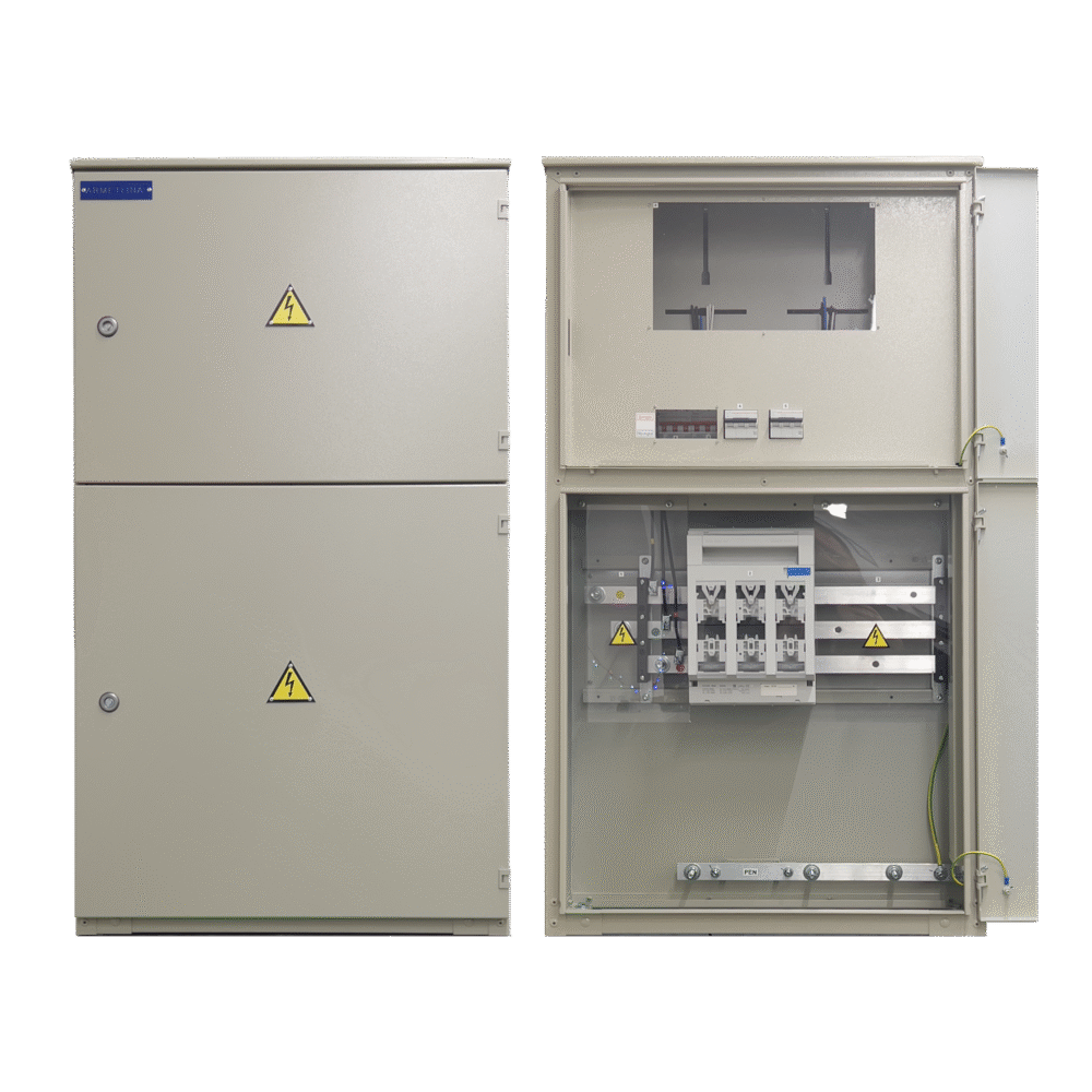 Two-meter transit cable distribution cabinet designed to connect three cables (≤ 240 mm²) to busbars and/or NH2 (400A) switching devices.