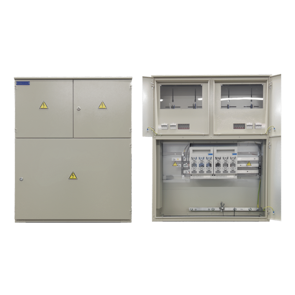 Keturių apskaitų tranzitinė elektros kabelių spinta skirta prijungti keturis kabelius (≤ 240 mm²) prie šynų ir/ar komutacinių aparatų NH2 (400A).