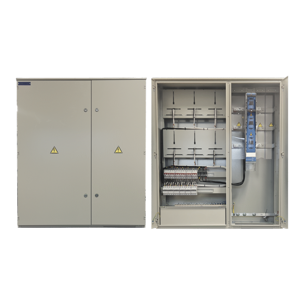 Šešių apskaitų tranzitinė elektros kabelių spinta skirta prijungti keturis kabelius (≤ 240 mm²) prie šynų ir/ar komutacinių aparatų NH2 (400A).