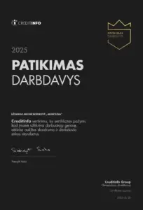 Patikimas darbdavys, Creditinfo sertifikatas pažymi, kad įmonė UAB Armetlina užtikrina darbuotojų gerovę, atitinka aukštus skaidrumo ir darbdavio etikos standartus.
