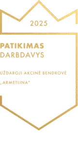 Auksinis kontūrinis skydas su karūna ir užrašu „Patikimas darbdavys 2025“, UAB „Armetlina“