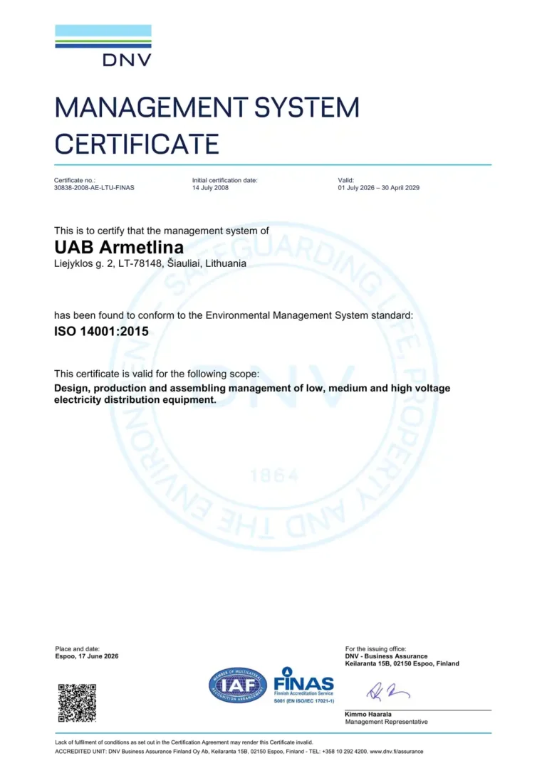 DNV Vadybos sistemos sertifikatas UAB "Armetlina", patvirtinantis ISO 14001:2015 aplinkosaugos vadybos atitiktį. (Anglų kalba)