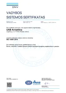 DNV Vadybos sistemos sertifikatas UAB "Armetlina", patvirtinantis ISO 14001:2015 aplinkosaugos vadybos atitiktį. (Lietuvių kalba)