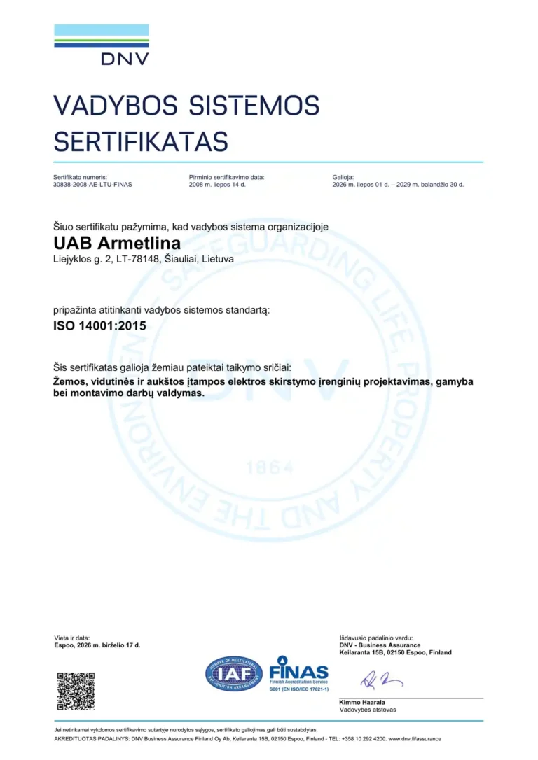 DNV Vadybos sistemos sertifikatas UAB "Armetlina", patvirtinantis ISO 14001:2015 aplinkosaugos vadybos atitiktį. (Lietuvių kalba)