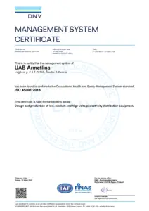DNV Vadybos sistemos sertifikatas UAB "Armetlina", patvirtinantis ISO 45001:2018 darbuotojų sveikatos ir saugos vadybos atitiktį. (Anglų kalba)