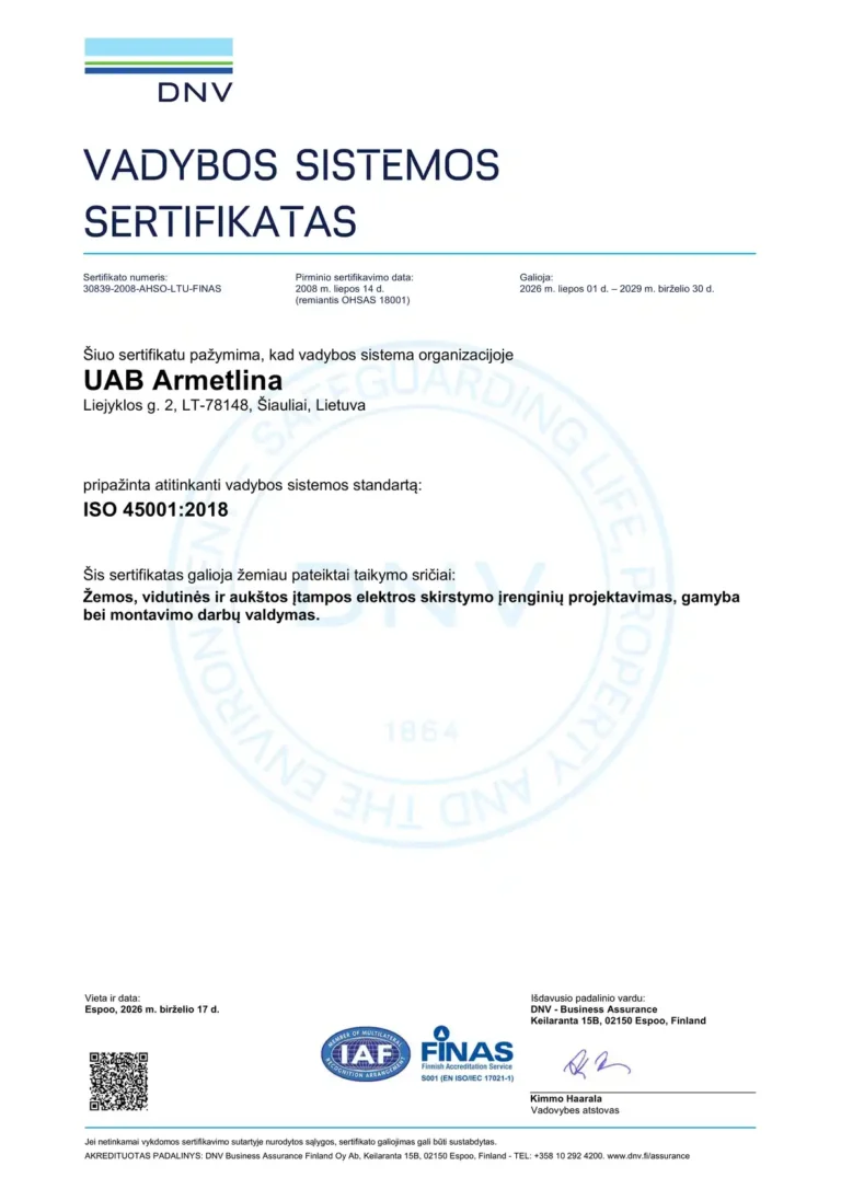 DNV Vadybos sistemos sertifikatas UAB "Armetlina", patvirtinantis ISO 45001:2018 darbuotojų sveikatos ir saugos vadybos atitiktį. (Lietuvių kalba)