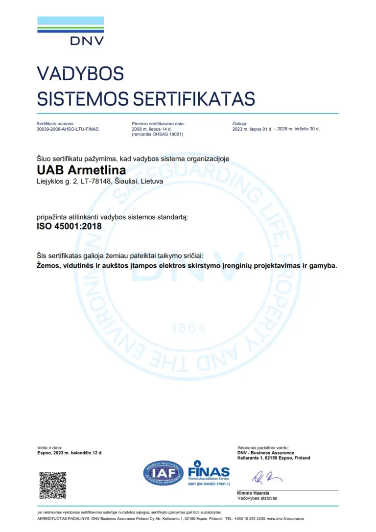 DNV Management System Certificate for UAB Armetlina, confirming compliance with ISO 45001:2018 for occupational health and safety management.