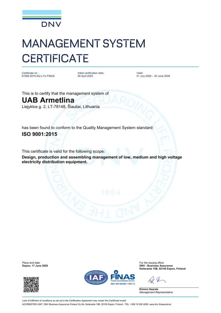 DNV Vadybos sistemos sertifikatas UAB "Armetlina", patvirtinantis ISO 9001:2015 atitiktį elektros paskirstymo įrangos projektavimui ir gamybai. (Anglų kalba)