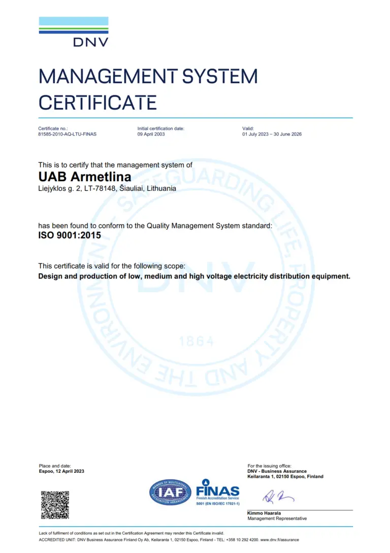 DNV Management System Certificate for Armetlina UAB confirming compliance with ISO 9001:2015 for the design and manufacture of electrical distribution equipment.
