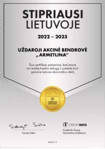 Creditinfo sertifikatas „Stipriausi Lietuvoje 2022–2025“ UAB „Armetlina“, auksinis ženklelis.